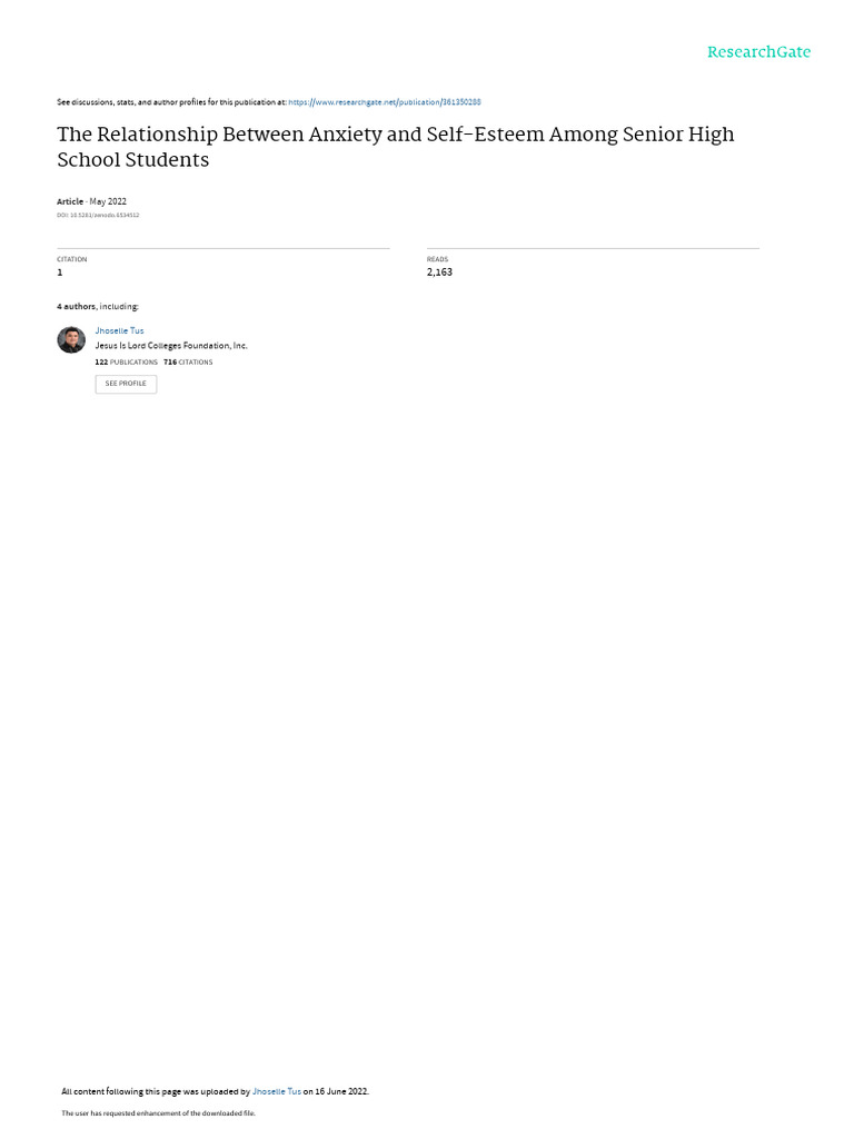 Anxiety and Self-Esteem in High School Students | PDF | Self Esteem ...
