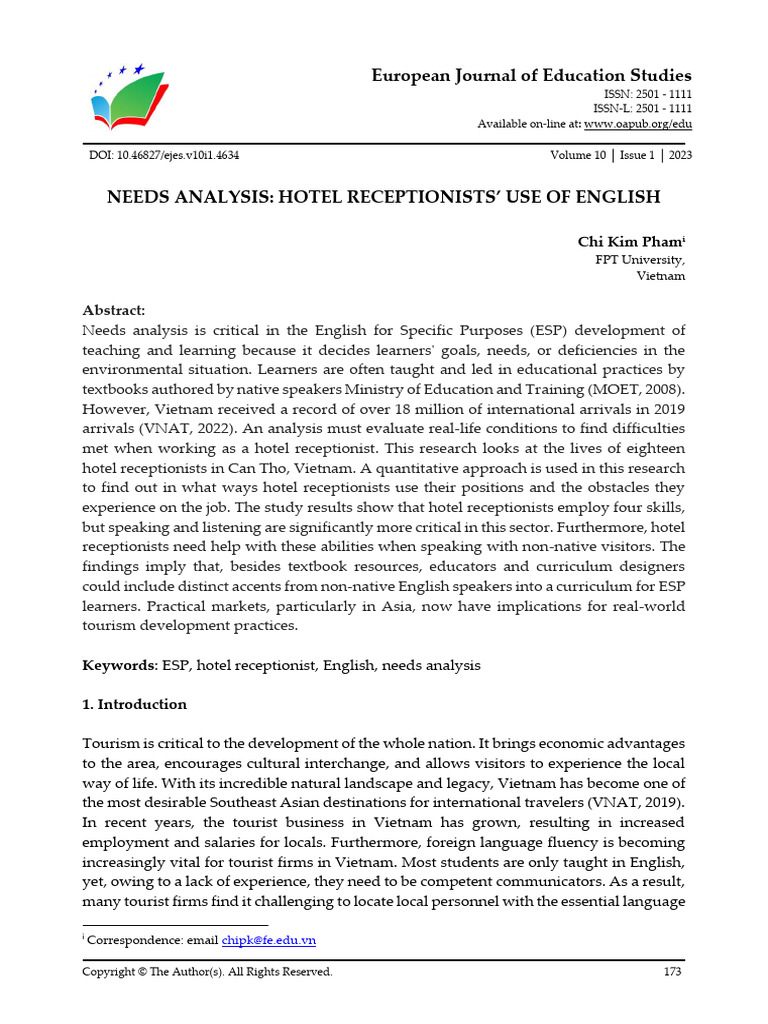 Needs Analysis Hotel Receptionists Use of English | PDF | Learning ...