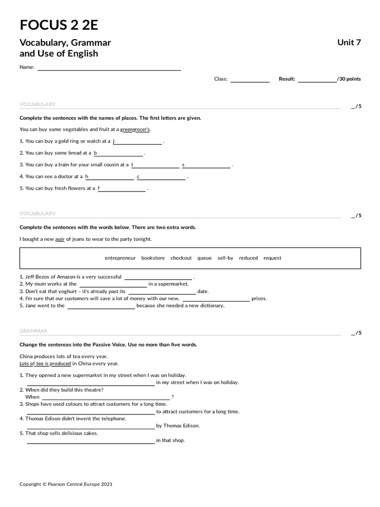 Unit 7 Vocabulary Grammar and Use of English Test V1 | PDF ...