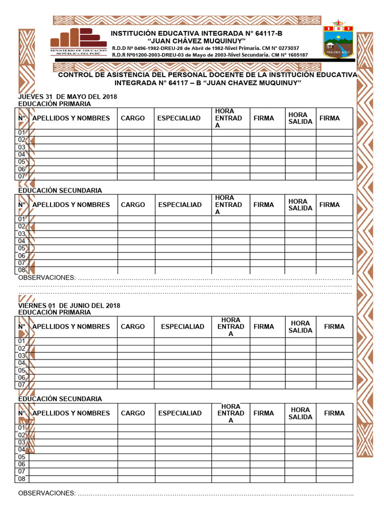 Control de Asistencia Docente 2018 | PDF | Etapas educativas