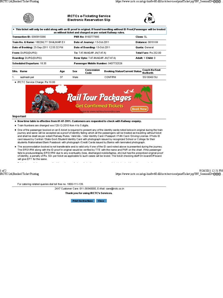 IRCTC e-Ticketing Booking Details | PDF | Identity Document | Ticket ...