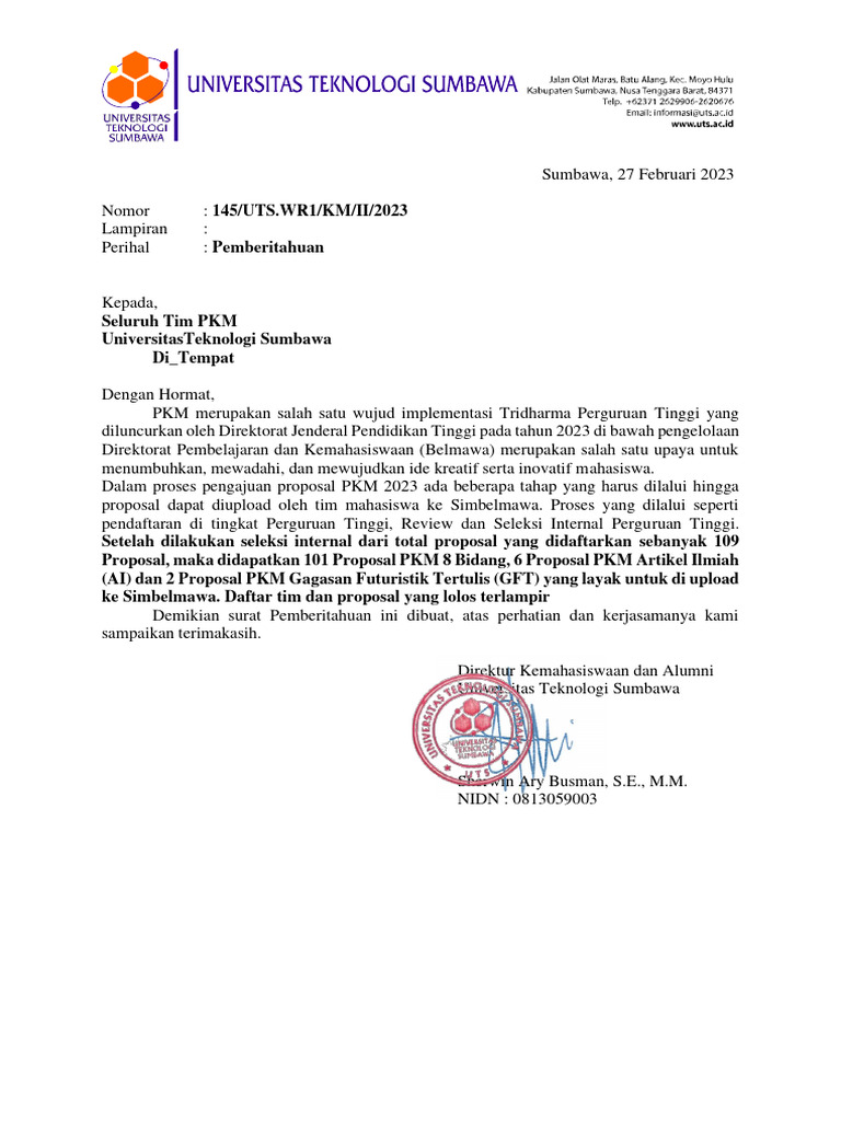 Pengumuman PKM GFT 2023 Universitas Sumbawa | PDF