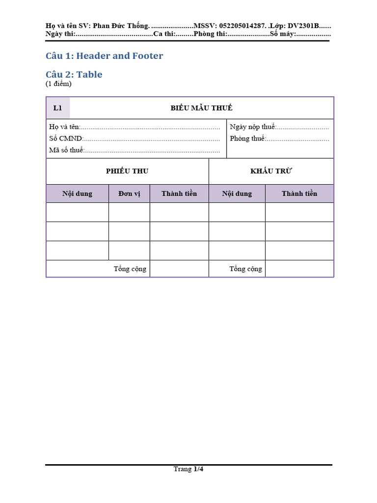 Câu 1: Header and Footer Câu 2: Table | PDF