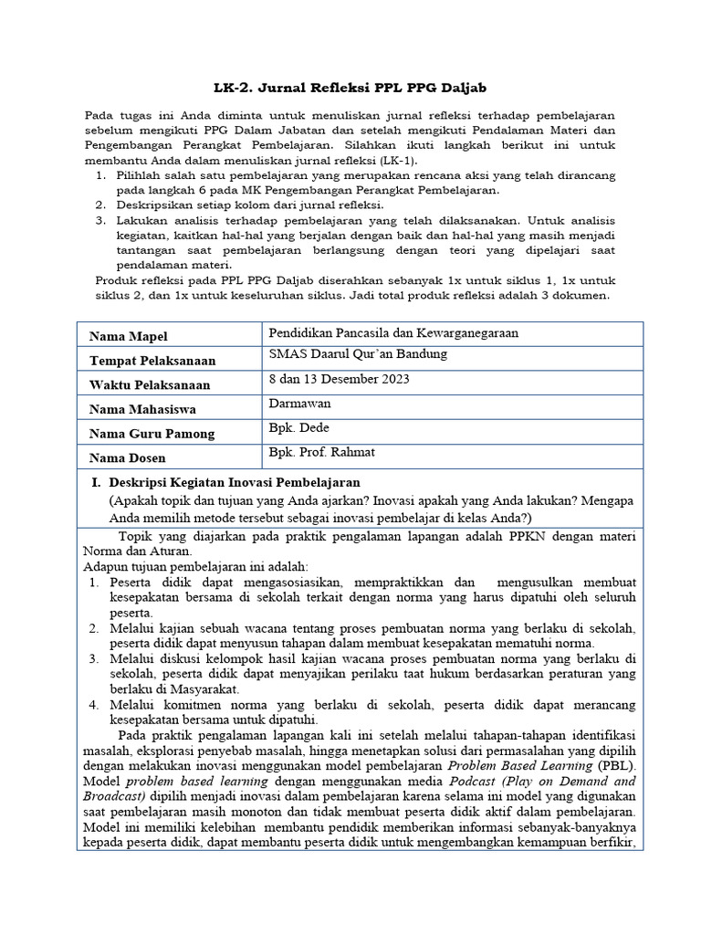 Refleksi Inovasi PBL dalam PPKN | PDF | Karier & Perkembangan | Bisnis