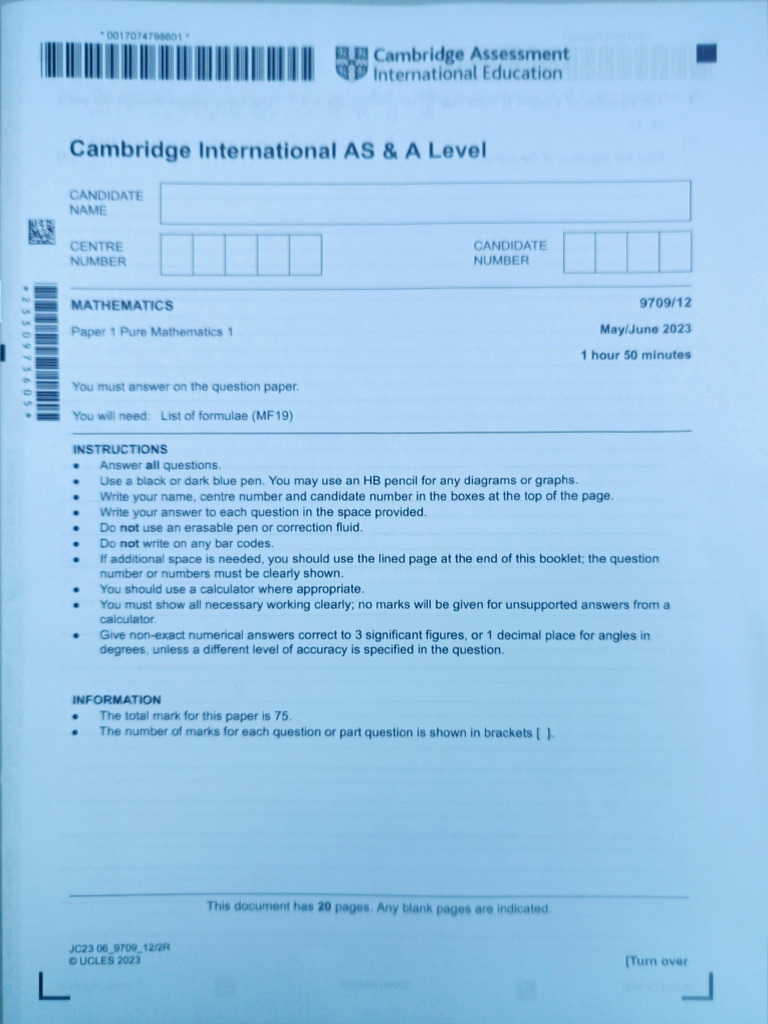 Cambridge A Level Mathematics Paper 1 | PDF