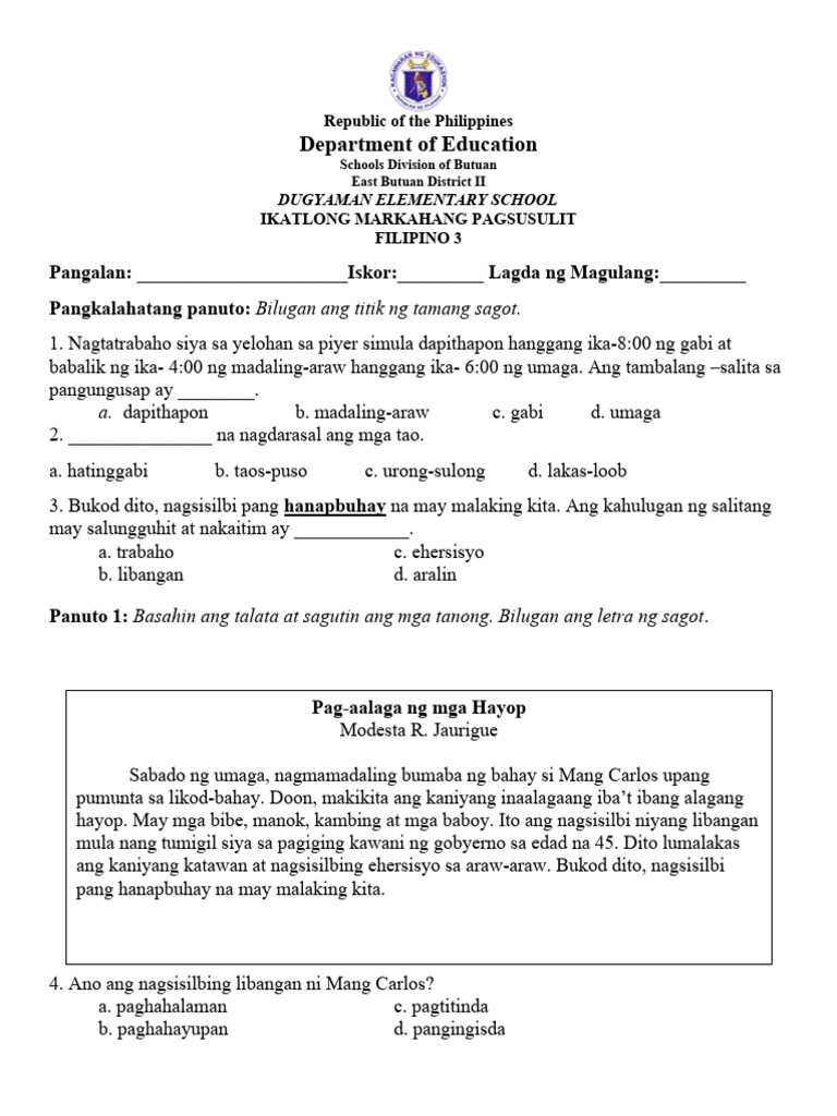 3rd Quarter Exam in Filipino | PDF