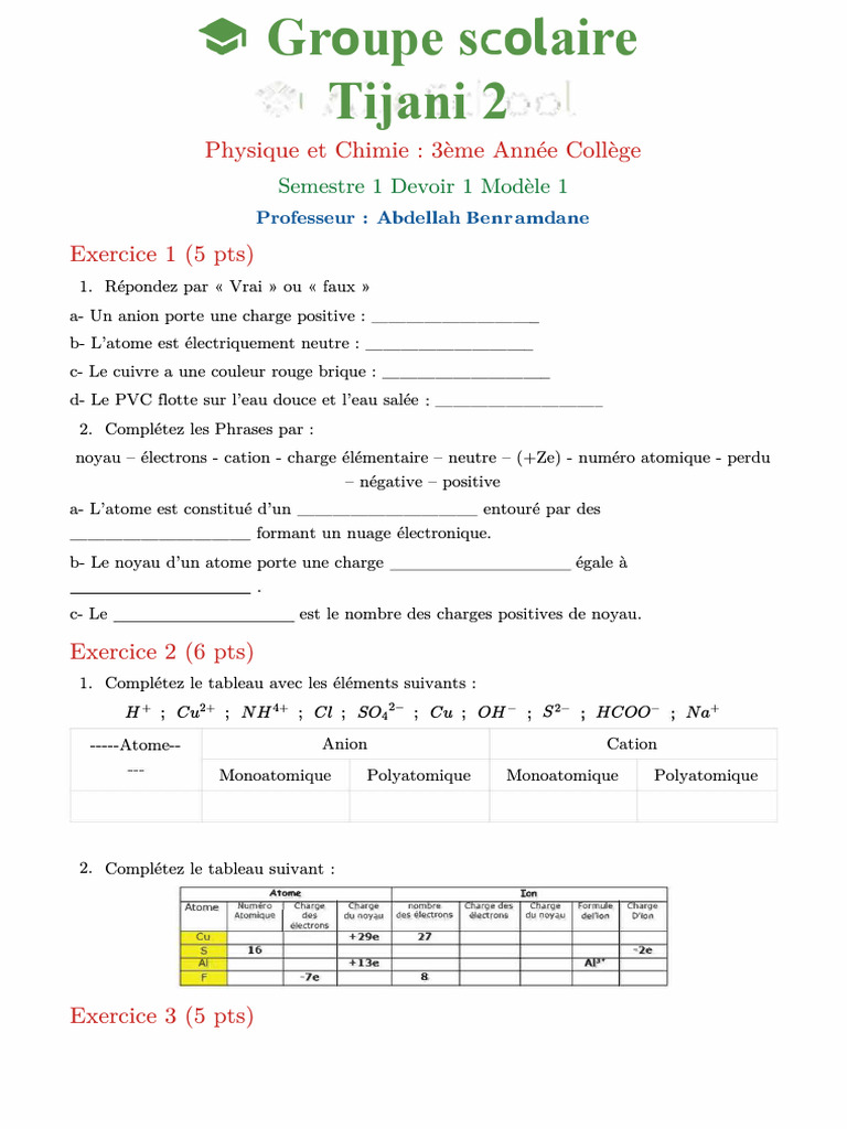 Devoir Physique-Chimie 3ème Semestre 1 | PDF | Ion | Atomes