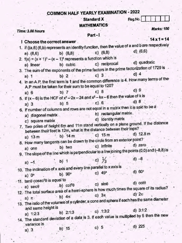 TN 10th Half Yearly 2022 Maths Model Question Paper With Answer Key TM ...
