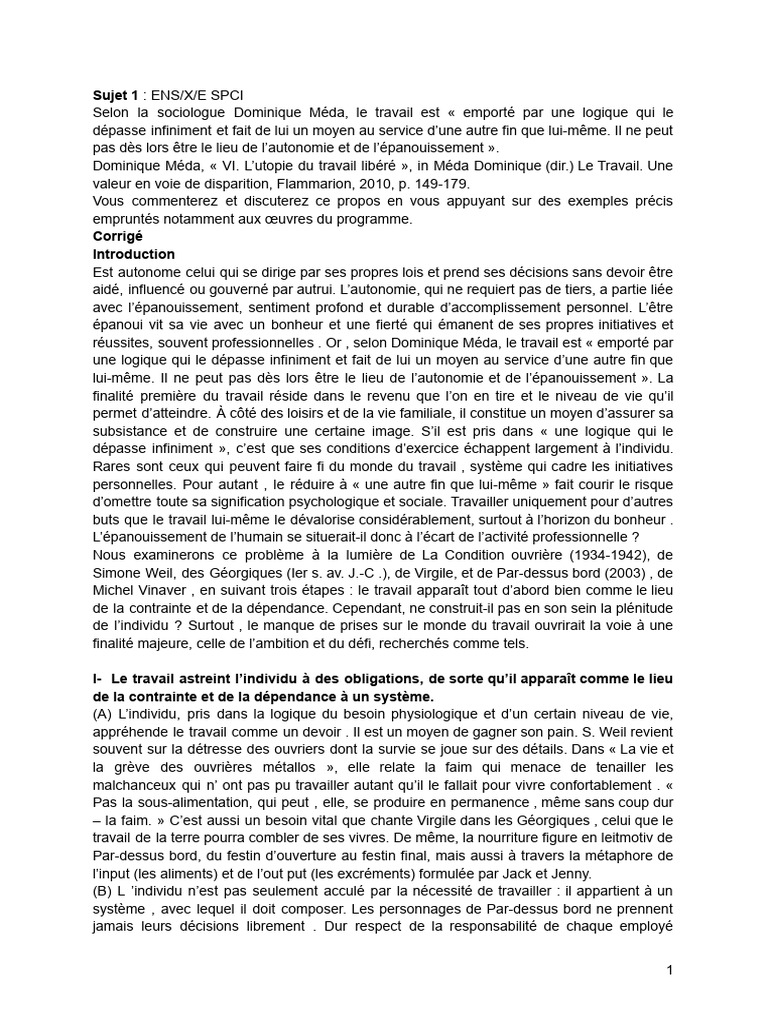 Dissertation corrigée sur le travail | PDF | Bonheur | Souffrance