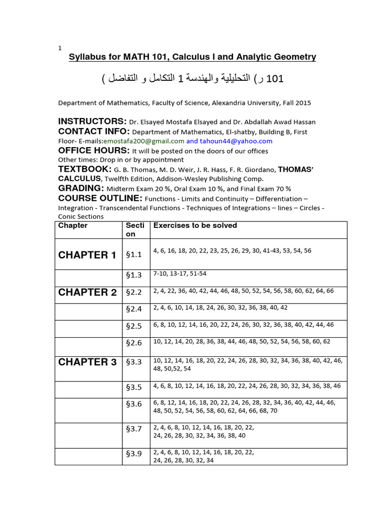 Syllabus For MATH 101 | PDF | Mathematics | Science