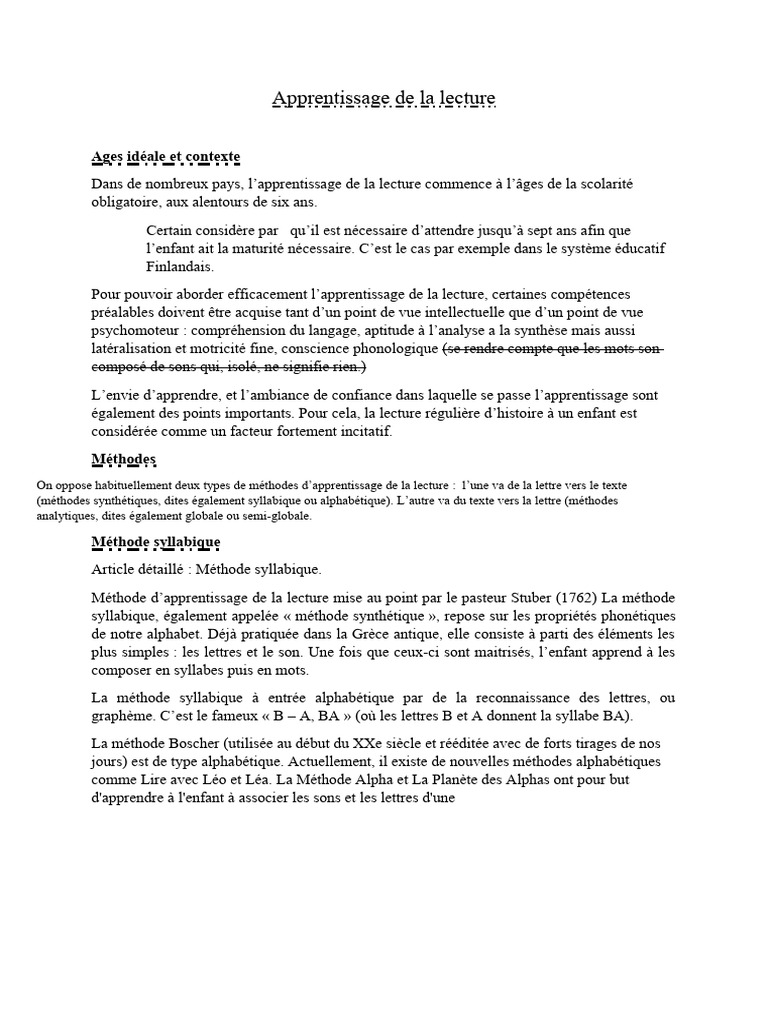 Méthodes d'apprentissage de la lecture | PDF | Méthode syllabique ...