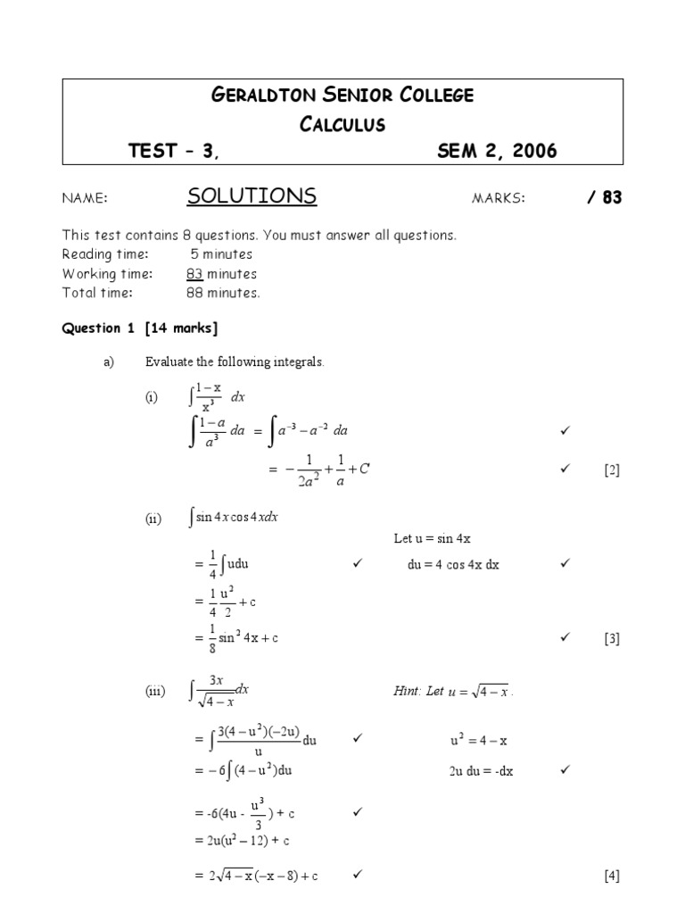 Geraldton Senior College Calculus Test Solutions | PDF | Speed ...
