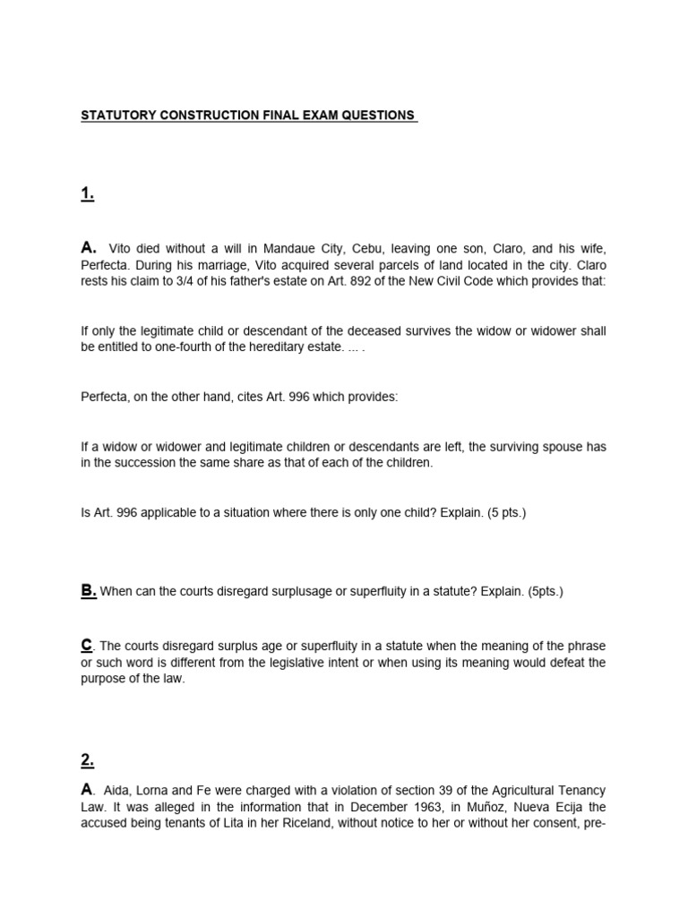 Statutory Construction Exam Questions | PDF | Leasehold Estate | Justice