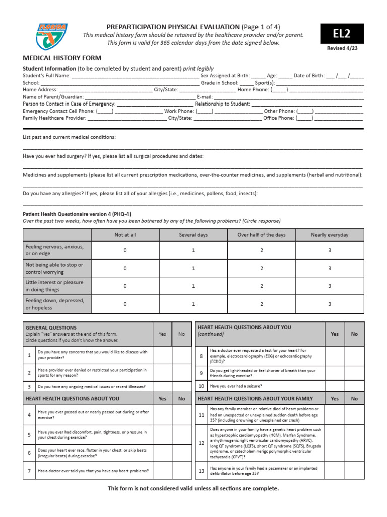 EL2 Preparticipation Physical Form 2025 | PDF | Lifestyle