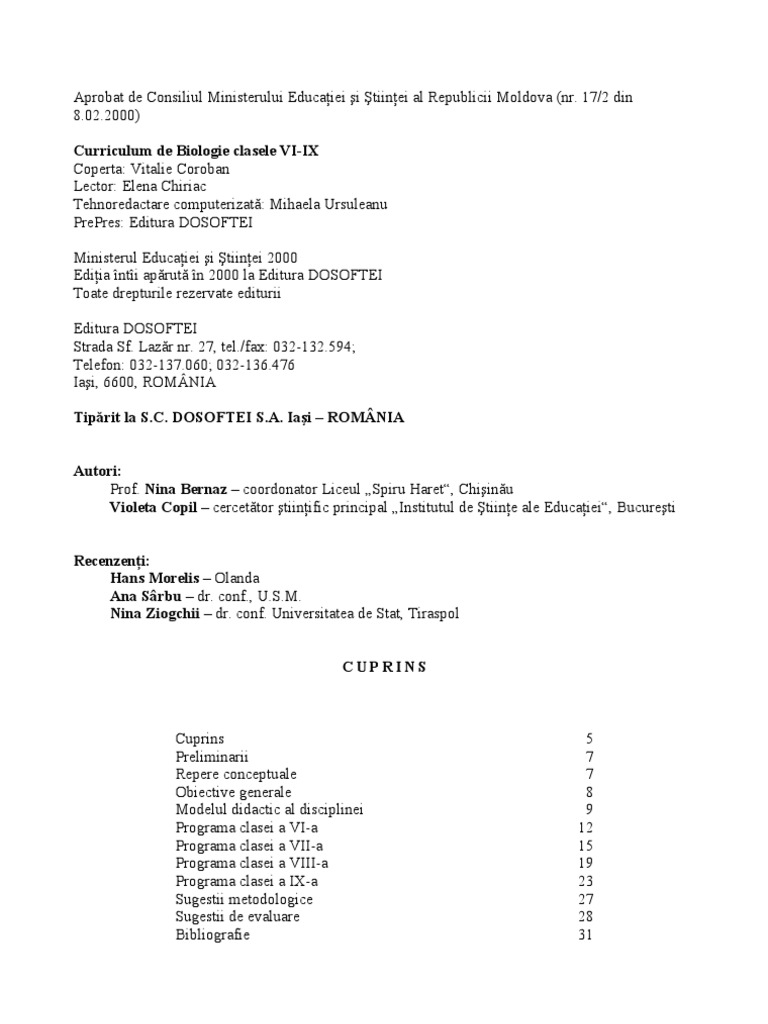 Curriculum La Biologie Clasele Vi Ix 1