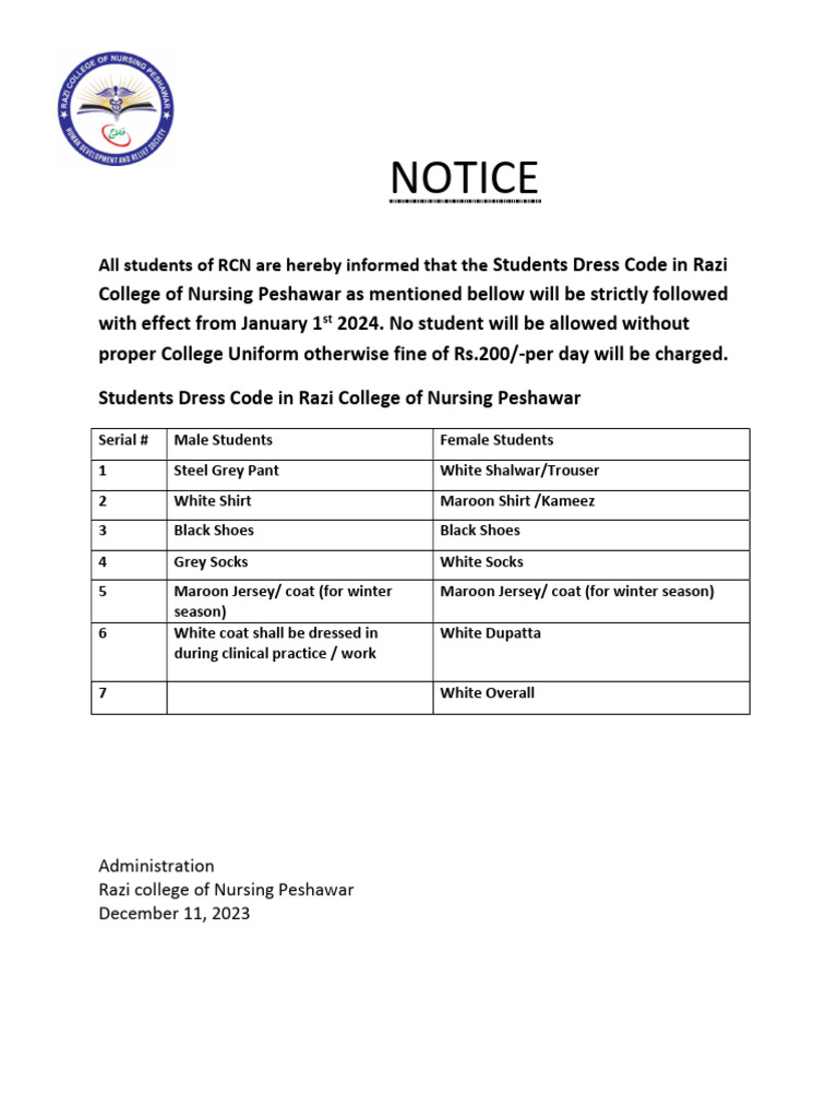 Razi College Nursing Dress Code Notice | PDF