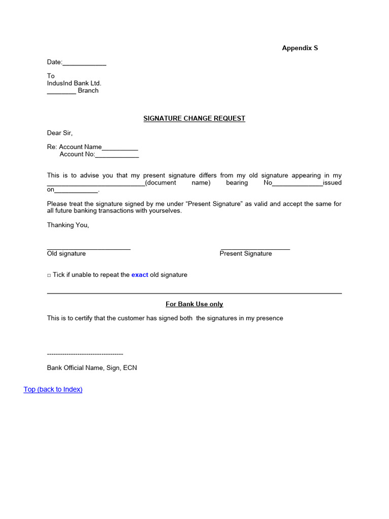 IndusInd Bank Signature Change Request | PDF