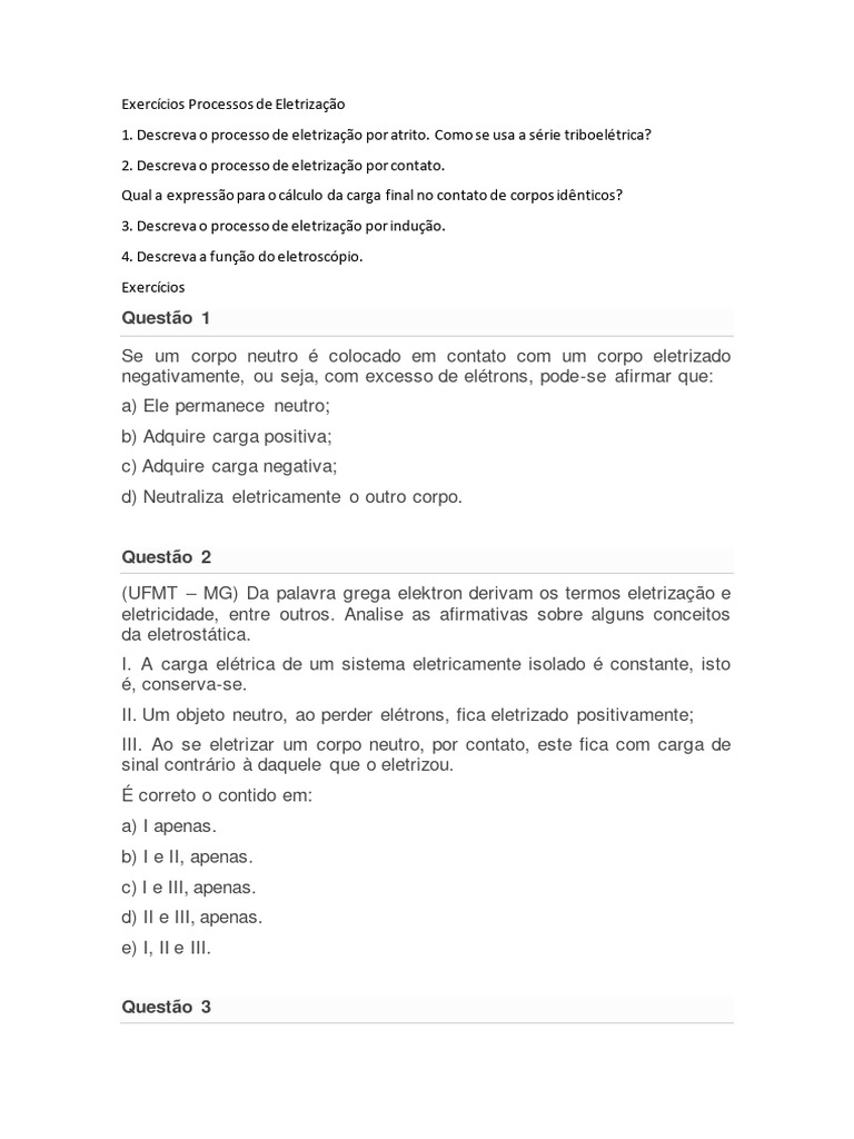 Exercícios Processos de Eletrização | PDF
