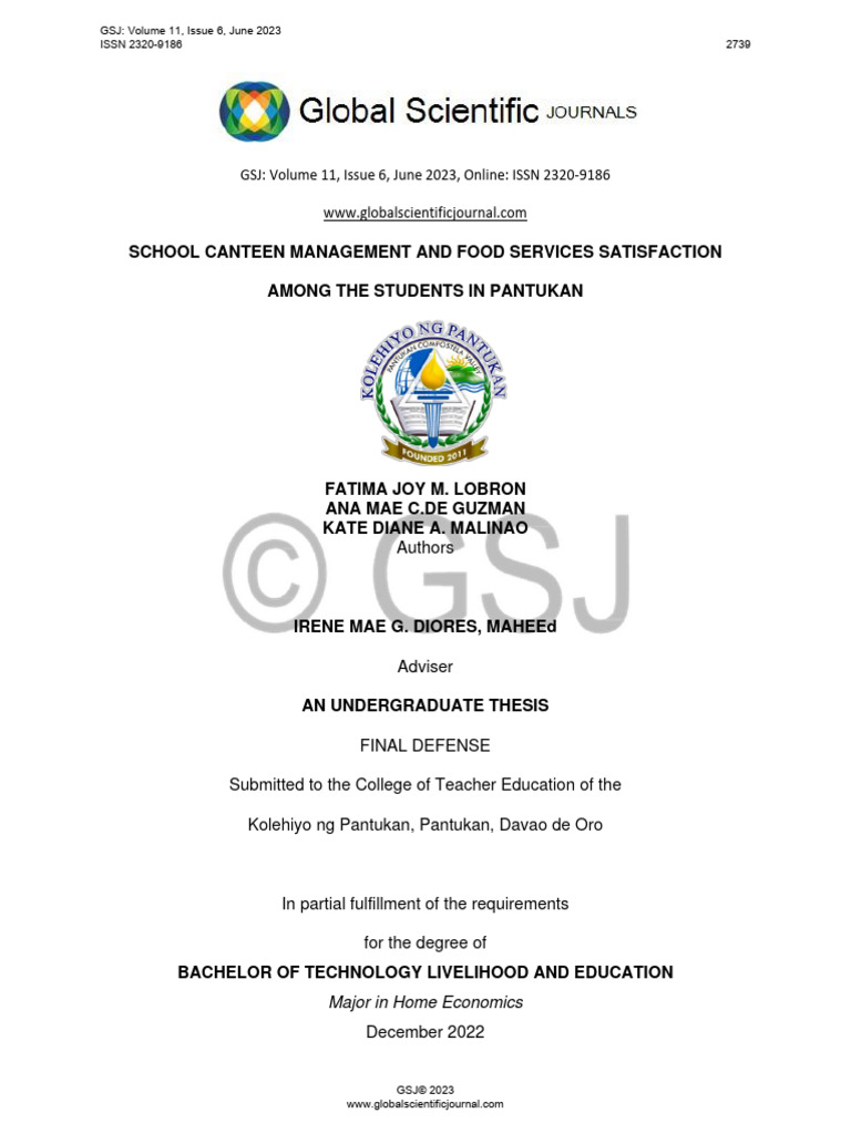 School Canteen Management and Food Services Satisfaction Among The Students in Pantukan PDF