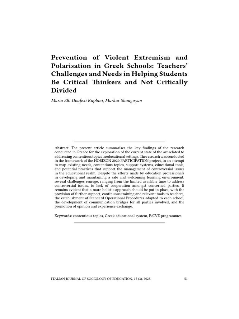 Prevention Of Violent Extremism And Polarisation In Greek Schools