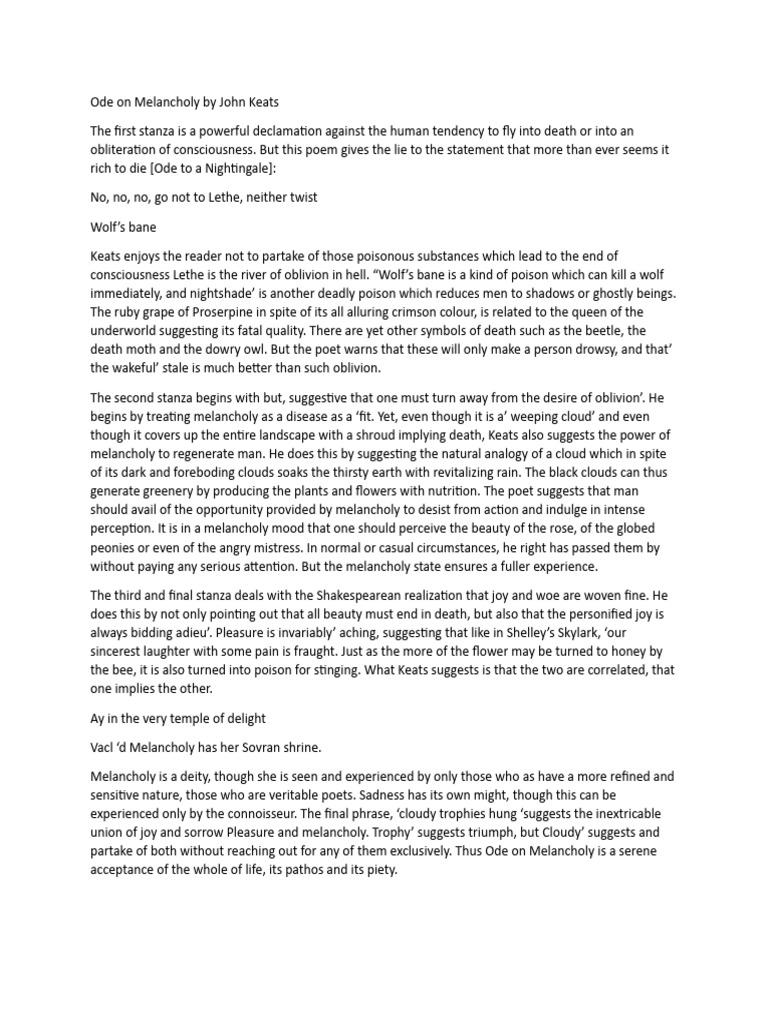 Ode On Melancholy Summary