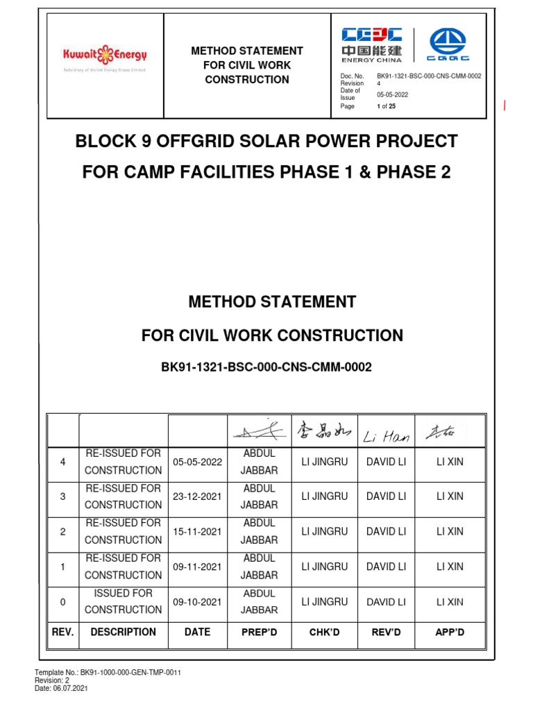 Method Statement for Civil Works Construction | PDF | Concrete | Cement