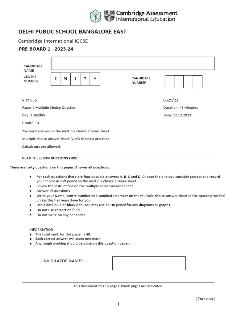 Pre Board Physics Pdf Multiple Choice Student Assessment And