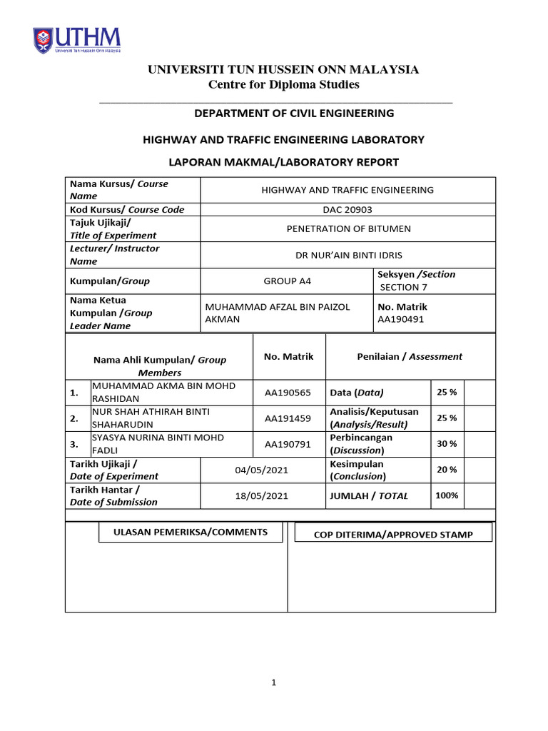 Group A4 Penetration of Bitumen Lab Report | PDF | Viscosity | Applied ...