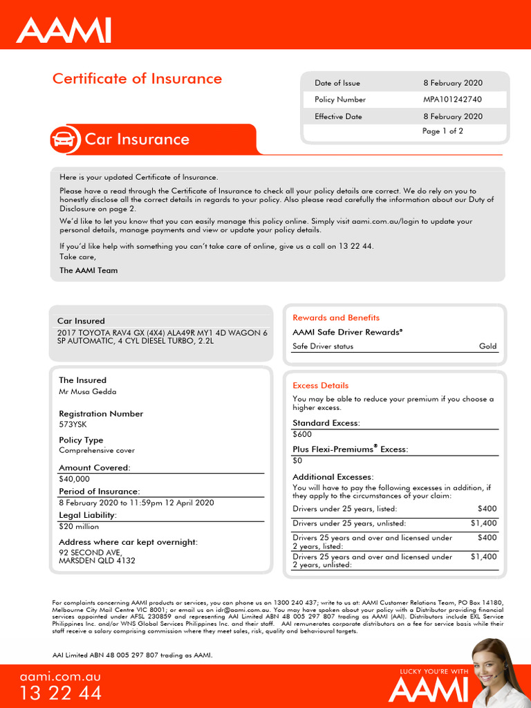 AAMI Car Certificate of Insurance MPA101242740 | PDF | Insurance ...