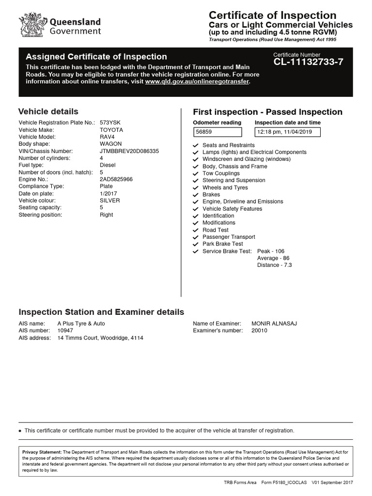 Certificate of Inspection First | PDF | Vehicles | Car