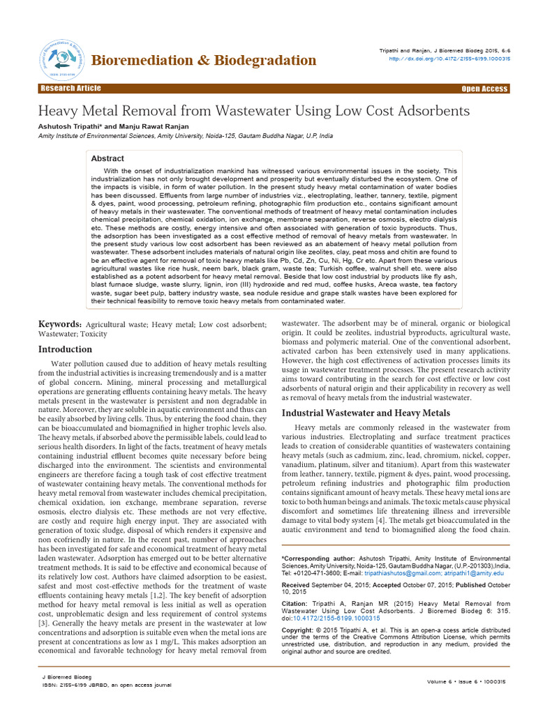 Heavy Metal Removal From Wastewater Using Low Cost Adsorbents 2155 6199 ...