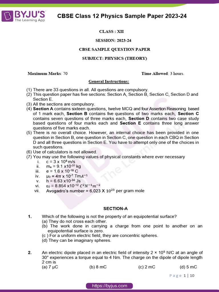 CBSE Class 12 Physics Apr14 Sample Paper 2023 24 | PDF | P–N Junction ...