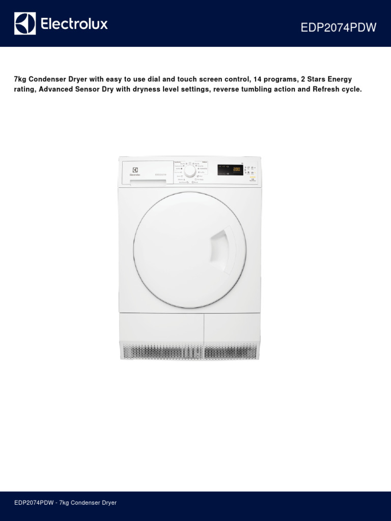 Electrolux EDP2074PDW Factsheet PDF Clothes Dryer Manufactured Goods