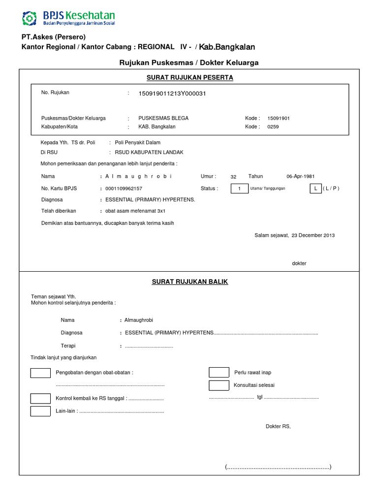 Contoh Surat Rujukan BPJS Puskesmas | PDF