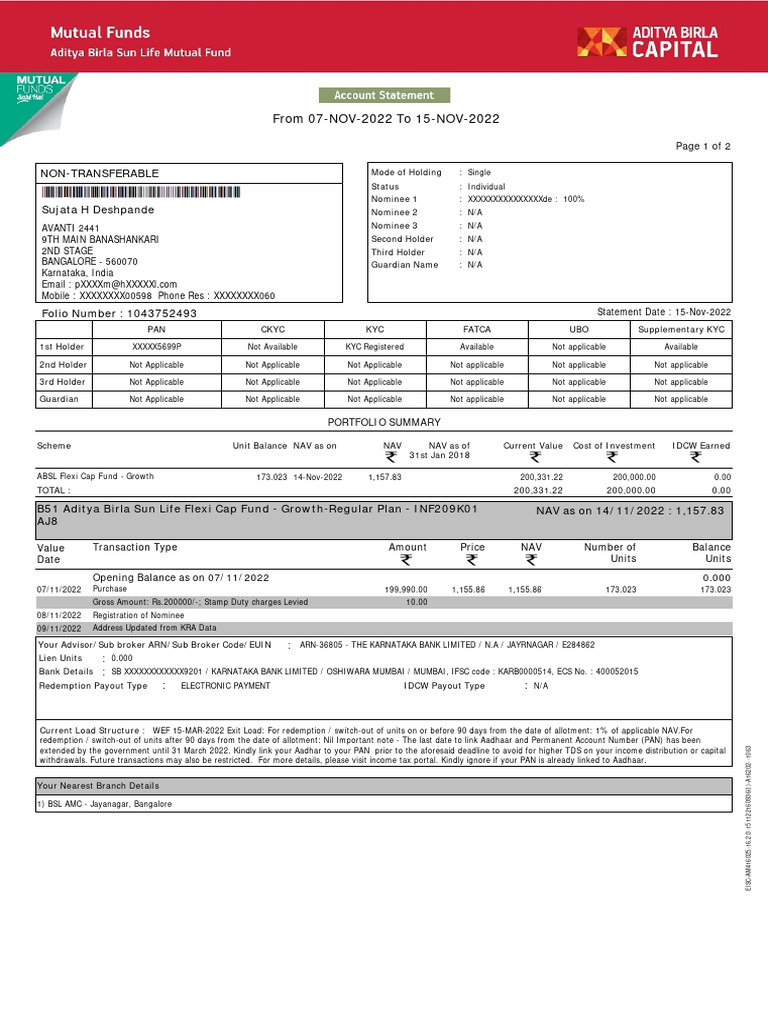 Aditya Birla Sun Life Flexi Cap Fund Statement | PDF | Cheque | Money