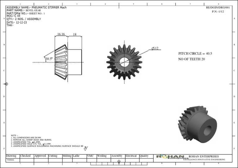Bevel Gear Technical Drawing with Dimensions | PDF | Mechanical ...