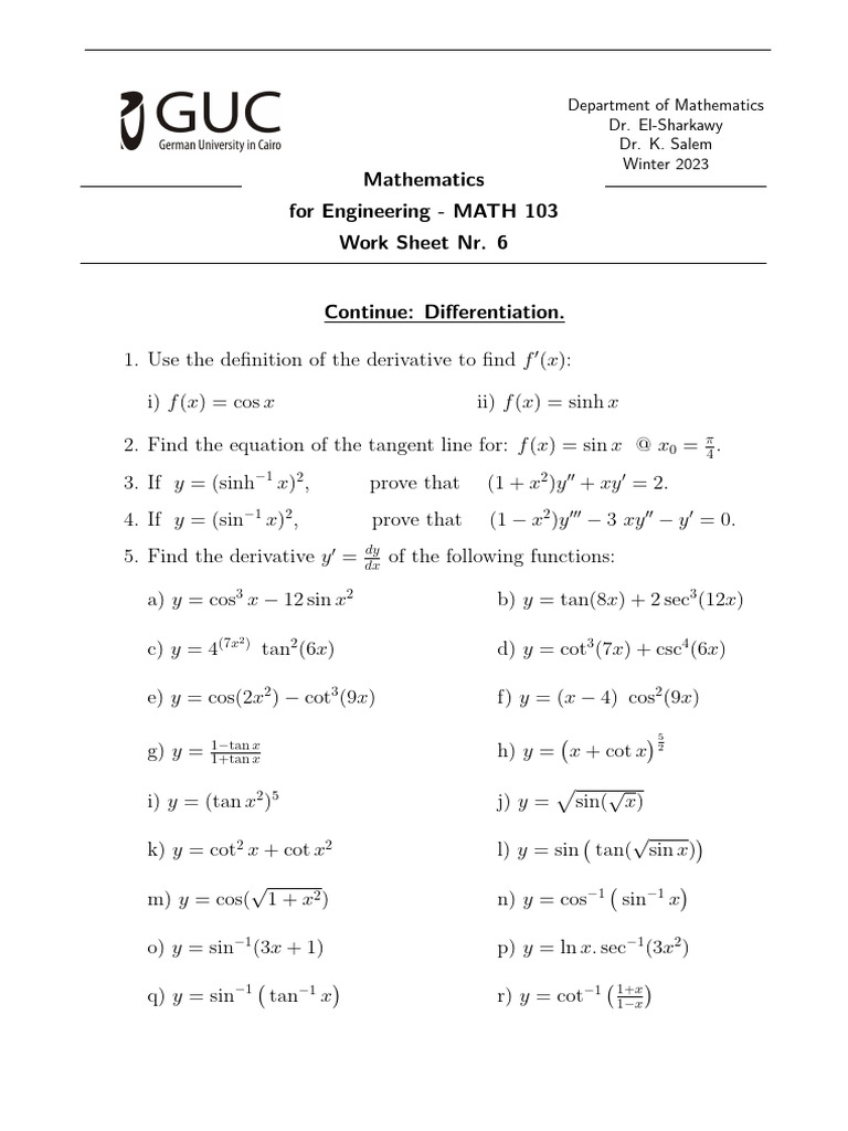 Differentiation Techniques Worksheet | PDF | Mathematics | Subtraction