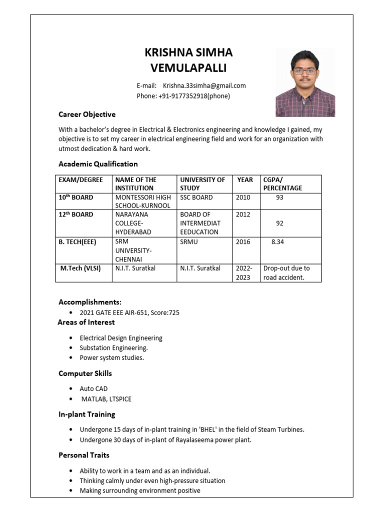 Electrical Krishna Resume Electrical PDF Electrical Engineering