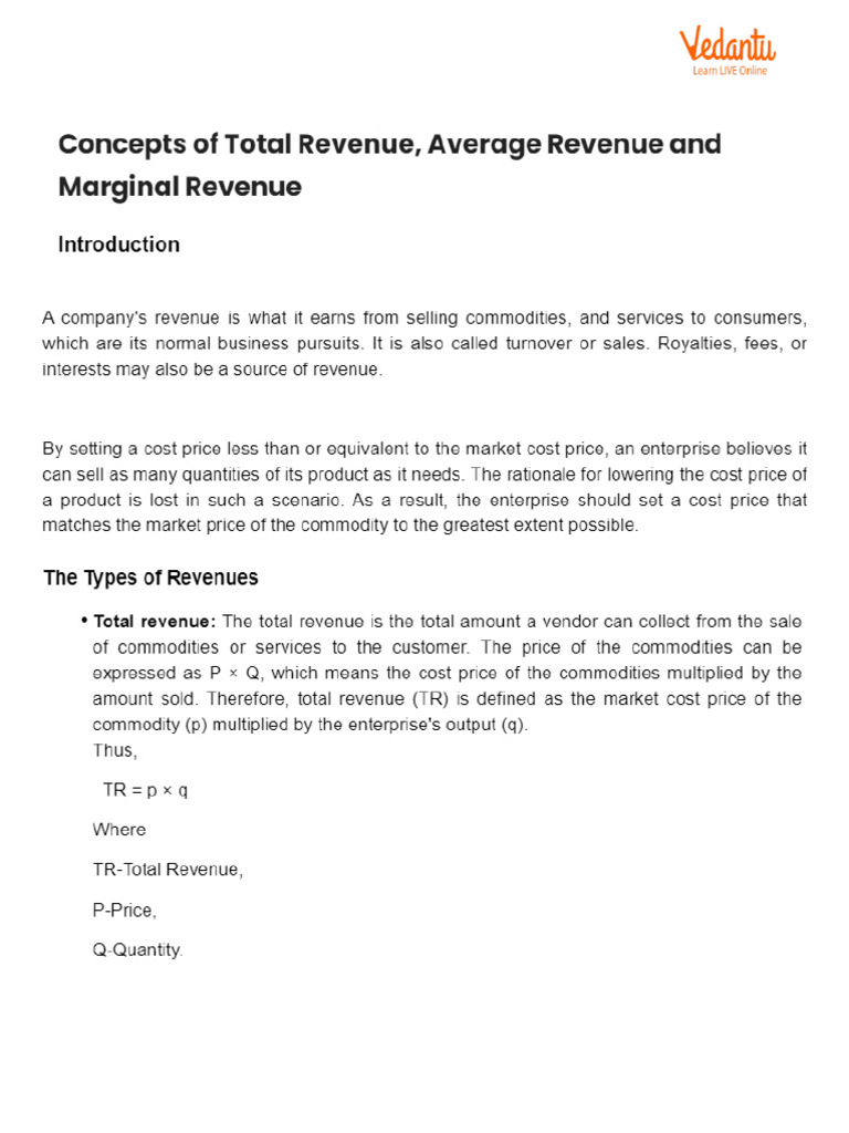 Concepts of Total Revenue, Average Revenue and Marginal Revenue | PDF