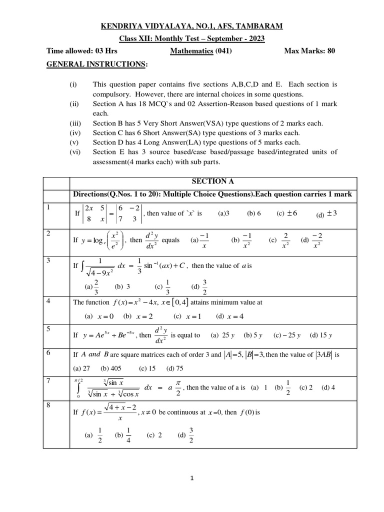 Class-12-Maths-Sep Test-Final QN Paper | PDF | Area | Length