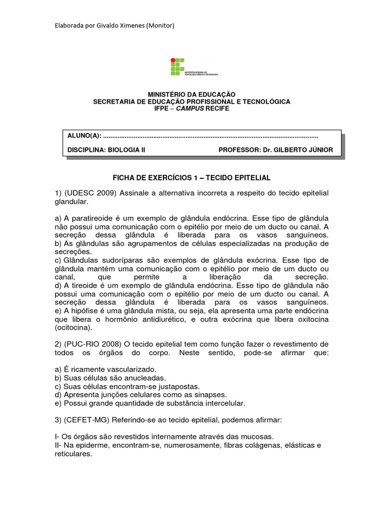 Exercícios sobre Tecido Epitelial | PDF