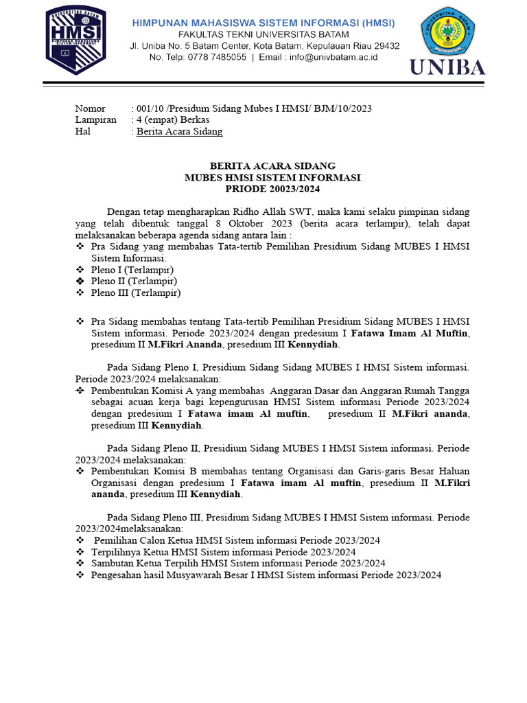 Berita Acara Mubes HMSI 2023/2024 | PDF