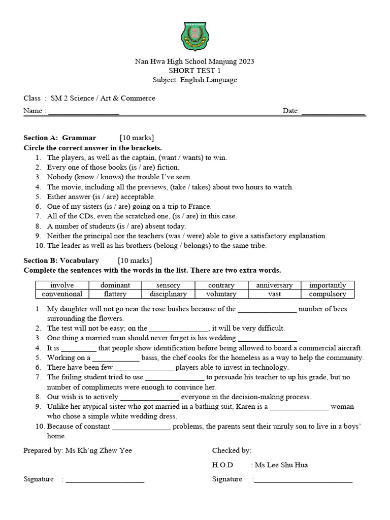 English Short Test for SM 2 Students | PDF