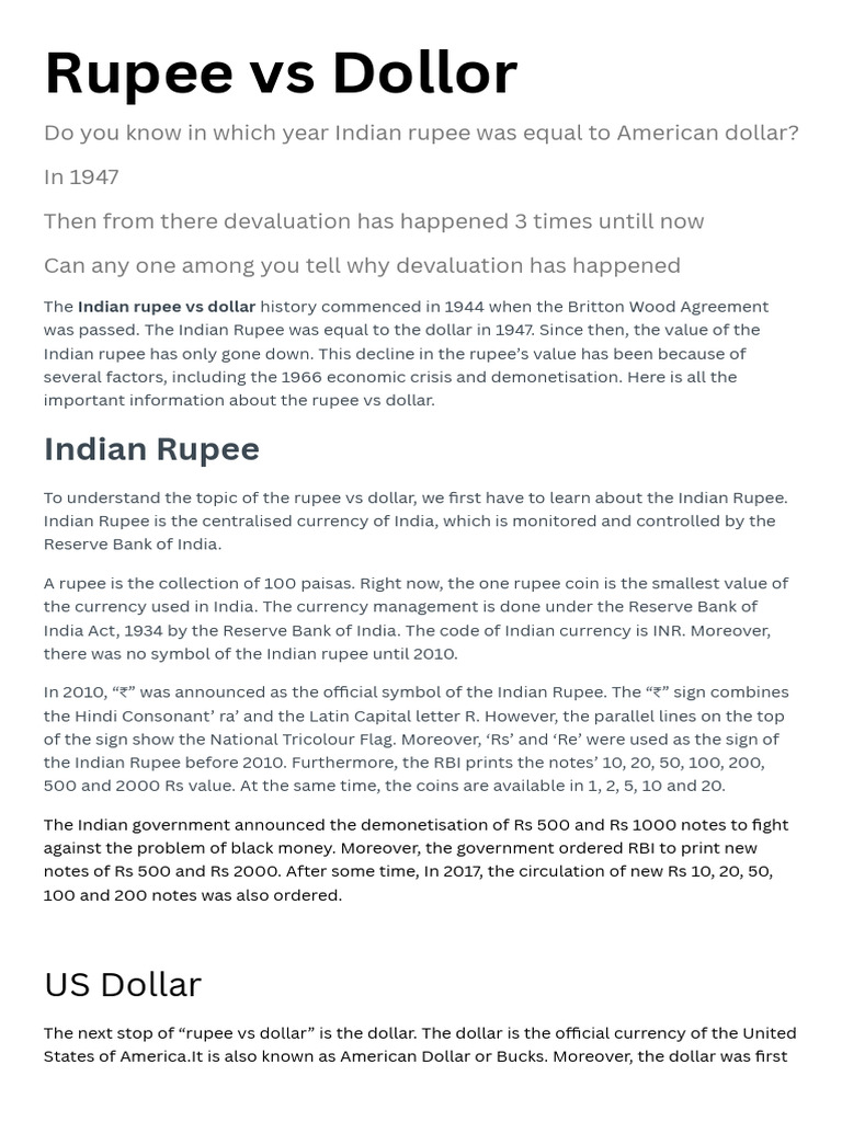 Rupee vs Dollar: Historical Insights | PDF | Devaluation | United States  Dollar