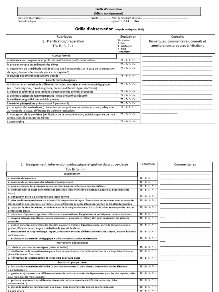 Grille d'observation pour micro-enseignement | PDF | Pédagogie | Cognition