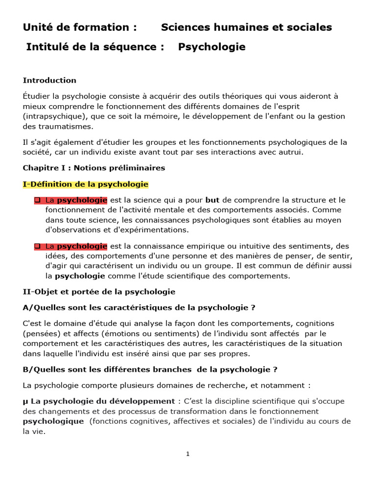 Ip1 Cours de Psychologie | PDF