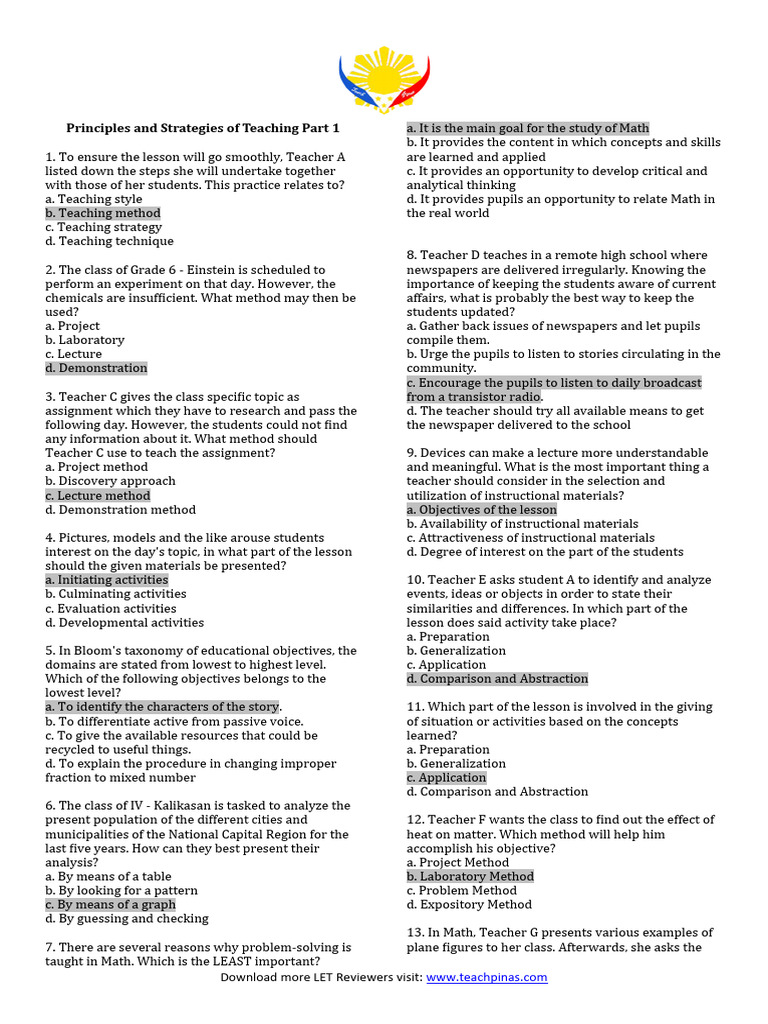 Principles and strategies of teaching part 1 with answer pdf