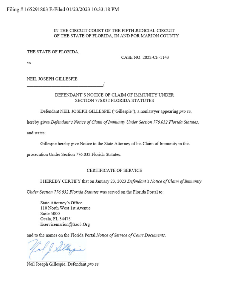 NOTICE OF CLAIM OF IMMUNITY UNDER SECTION 776.032 FLORIDA STATUTES PDF