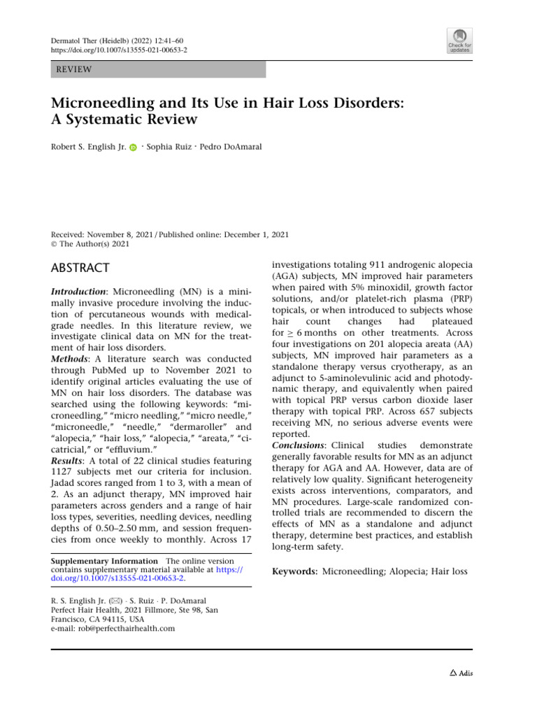 Microneedling and Its Use in Hair Loss Disorders A Systematic Review
