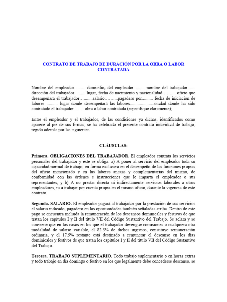 Contrato de Trabajo por Obra Específica | PDF | Derecho laboral | Salario